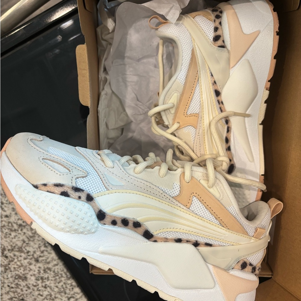 Puma Women's Chunky Sneakers in Cream, Beige & Leopard Accent